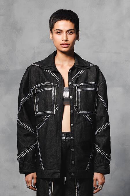 Mellowdrama Black Cotton, Denim Collared Stitch Line Oversized Jacket With Pant Online at Aza Fashions Mellowdrama_Black Cotton, Denim Collared Stitch Line Oversized Jacket With Pant_Online_at_Aza_Fashions