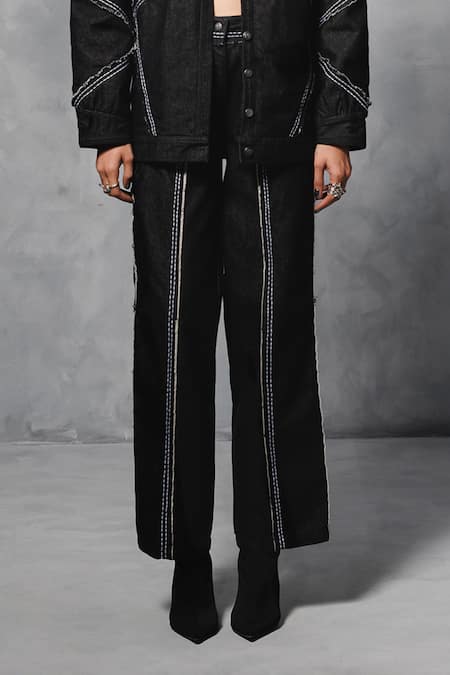 Buy Mellowdrama Black Cotton, Denim Collared Stitch Line Oversized Jacket With Pant Online at Aza Fashions Buy_Mellowdrama_Black Cotton, Denim Collared Stitch Line Oversized Jacket With Pant_Online_at_Aza_Fashions