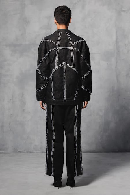 Shop Mellowdrama Black Cotton, Denim Collared Stitch Line Oversized Jacket With Pant at Aza Fashions Shop_Mellowdrama_Black Cotton, Denim Collared Stitch Line Oversized Jacket With Pant_at_Aza_Fashions