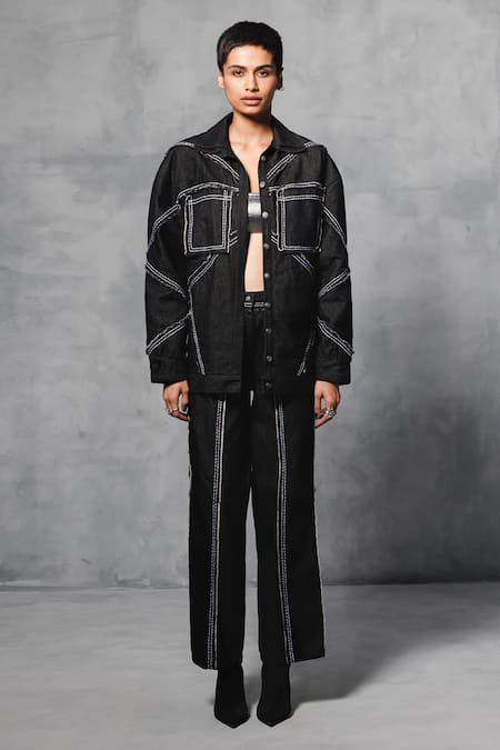 Shop Mellowdrama Black Cotton, Denim Collared Stitch Line Oversized Jacket With Pant Online at Aza Fashions Shop_Mellowdrama_Black Cotton, Denim Collared Stitch Line Oversized Jacket With Pant_Online_at_Aza_Fashions