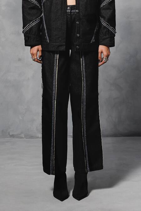 Mellowdrama Black Cotton, Denim Mid Waist Pant Online at Aza Fashions Mellowdrama_Black Cotton, Denim Mid Waist Pant_Online_at_Aza_Fashions