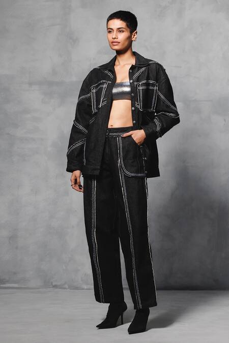 Buy Mellowdrama Black Cotton, Denim Mid Waist Pant Online at Aza Fashions Buy_Mellowdrama_Black Cotton, Denim Mid Waist Pant_Online_at_Aza_Fashions