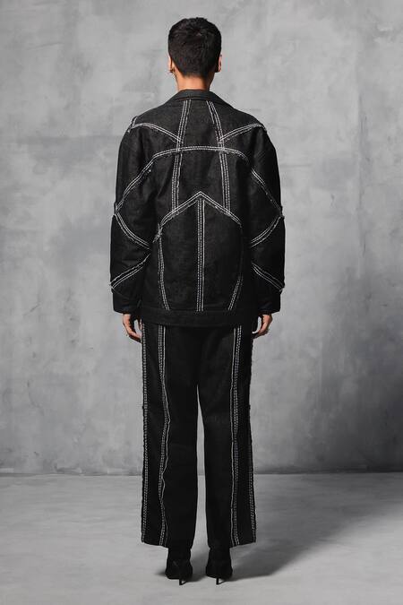 Shop Mellowdrama Black Cotton, Denim Collared Stitch Line Oversized Jacket With Pant at Aza Fashions Shop_Mellowdrama_Black Cotton, Denim Collared Stitch Line Oversized Jacket With Pant_at_Aza_Fashions