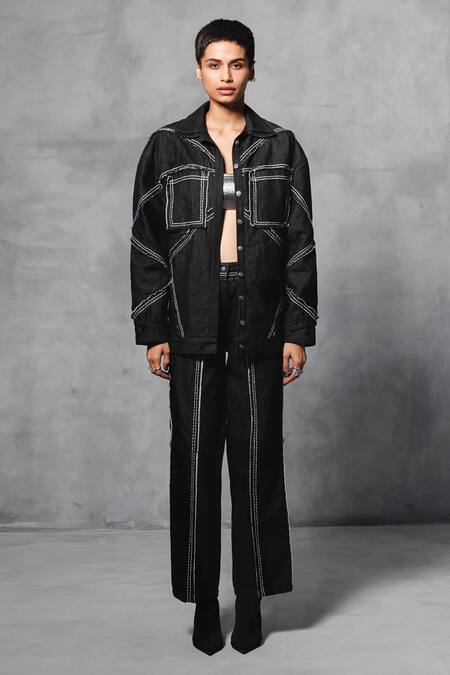 Mellowdrama Black Cotton, Denim Collared Stitch Line Oversized Jacket With Pant Online at Aza Fashions Mellowdrama_Black Cotton, Denim Collared Stitch Line Oversized Jacket With Pant_Online_at_Aza_Fashions