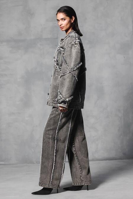 Buy_Mellowdrama_Black Cotton, Denim Embroidery Round Neck Oversized Washed Jacket With Pant_Online_at_Aza_Fashions