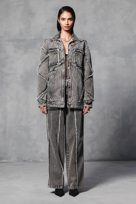 Shop_Mellowdrama_Black Cotton, Denim Embroidery Round Neck Oversized Washed Jacket With Pant_Online_at_Aza_Fashions