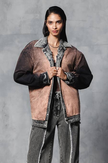 Mellowdrama_Black Cotton, Denim Embroidery Round Neck Oversized Washed Jacket With Pant_at_Aza_Fashions