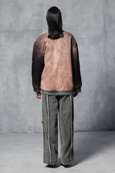 Buy_Mellowdrama_Black Cotton, Denim Embroidery Round Neck Oversized Washed Jacket With Pant