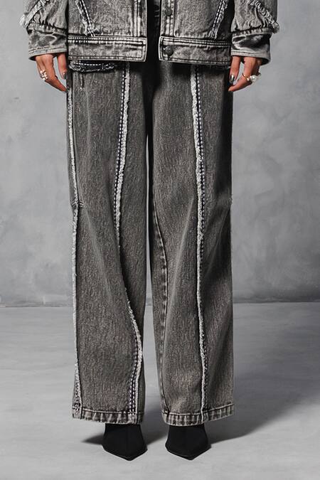 Mellowdrama_Black Cotton, Denim Mid Waist Washed Pant_Online_at_Aza_Fashions