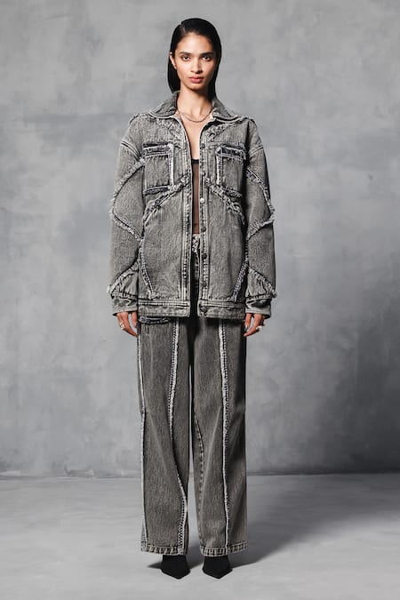 Mellowdrama_Black Cotton Collared Oversized Washed Denim Jacket_at_Aza_Fashions