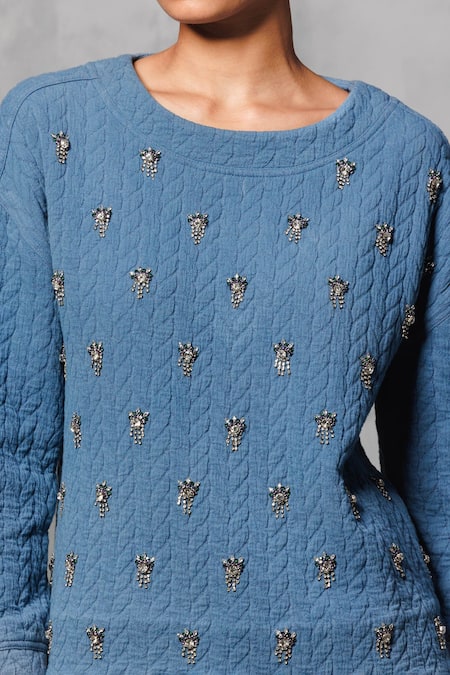 Buy_Mellowdrama_Blue Cotton Stones Round Swarovski Embellished Oversized Sweatshirt With Skirt_Online_at_Aza_Fashions