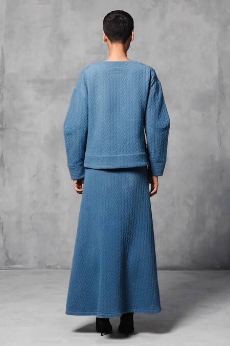 Shop Mellowdrama Blue Cotton High Waist A-line Maxi Skirt at Aza Fashions Shop_Mellowdrama_Blue Cotton High Waist A-line Maxi Skirt_at_Aza_Fashions