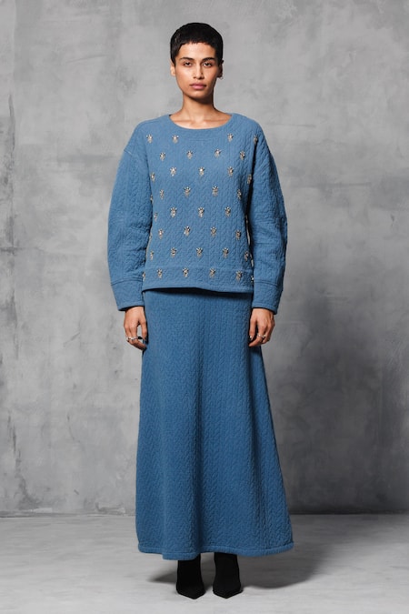 Mellowdrama Blue 100% Cotton Embellished Swarovski Stones Oversized Sweatshirt 