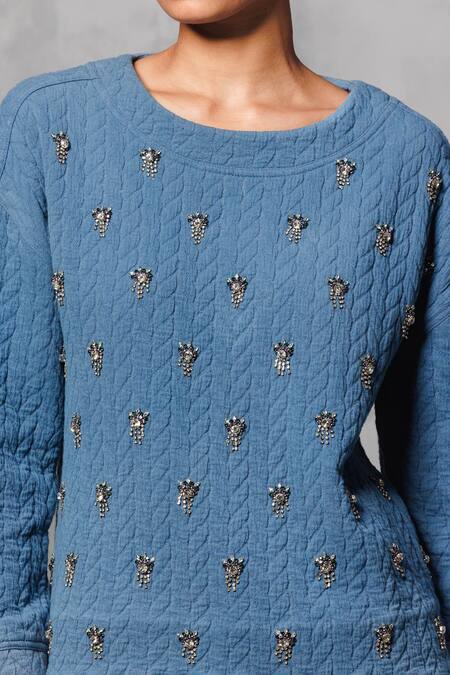 Mellowdrama Blue Cotton Stones Round Neck Swarovski Embellished Oversized Sweatshirt Online at Aza Fashions Mellowdrama_Blue Cotton Stones Round Neck Swarovski Embellished Oversized Sweatshirt_Online_at_Aza_Fashions
