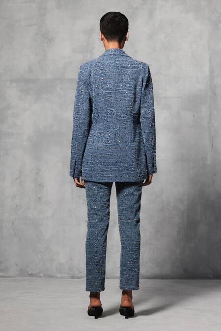Shop Mellowdrama Blue Cotton Studs Embellished Blazer With Pant at Aza Fashions Shop_Mellowdrama_Blue Cotton Studs Embellished Blazer With Pant_at_Aza_Fashions