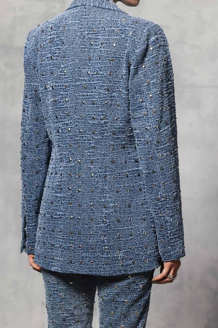 Buy Mellowdrama Blue Cotton Studs Embellished Blazer With Pant Online at Aza Fashions Buy_Mellowdrama_Blue Cotton Studs Embellished Blazer With Pant_Online_at_Aza_Fashions
