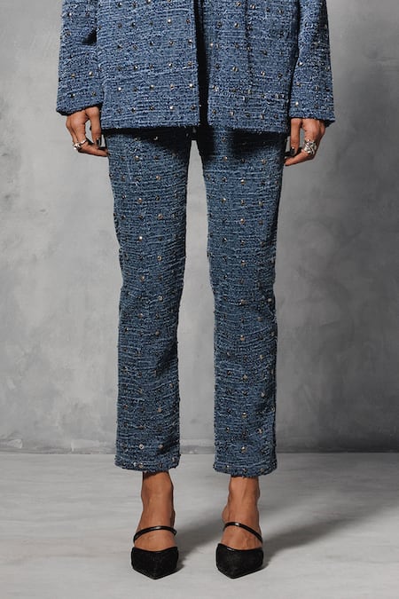 Mellowdrama_Blue Cotton, Denim Studs Embellished Pant_Online_at_Aza_Fashions
