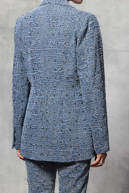 Mellowdrama Blue Cotton, Denim Studs Embellished Blazer Online at Aza Fashions Mellowdrama_Blue Cotton, Denim Studs Embellished Blazer_Online_at_Aza_Fashions