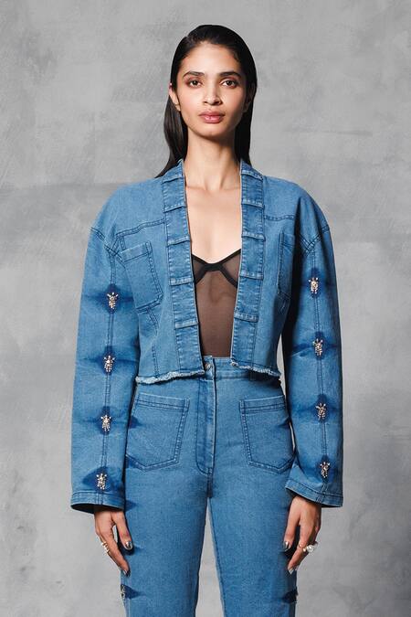Mellowdrama_Blue Cotton, Lycra Sequins Washed Effect Cropped Jacket With Pant_Online_at_Aza_Fashions