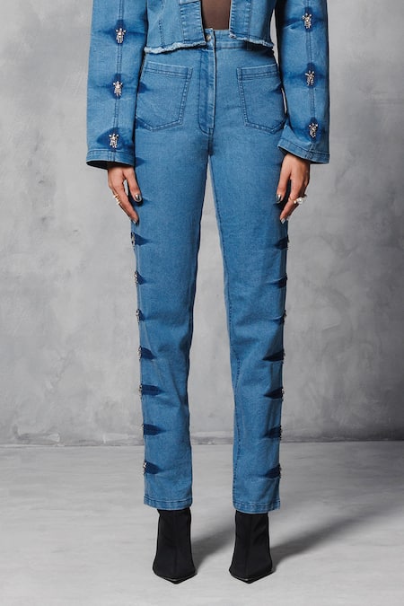 Buy_Mellowdrama_Blue Cotton, Lycra Sequins Washed Effect Cropped Jacket With Pant_Online_at_Aza_Fashions