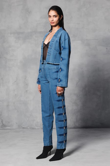 Mellowdrama_Blue Cotton, Lycra Sequins Open Neck Washed Effect Cropped Jacket_Online_at_Aza_Fashions