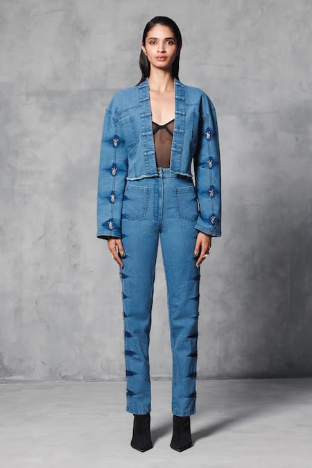 Buy_Mellowdrama_Blue Cotton, Lycra Sequins Open Neck Washed Effect Cropped Jacket_Online_at_Aza_Fashions