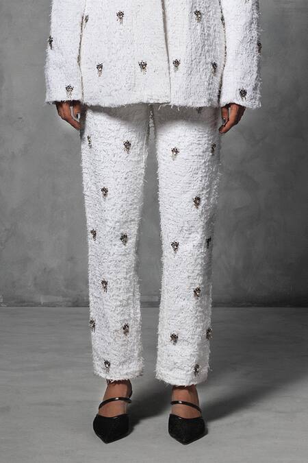Mellowdrama_White Cotton Stones Swarovski Embellished Blazer And Pant Set_Online_at_Aza_Fashions