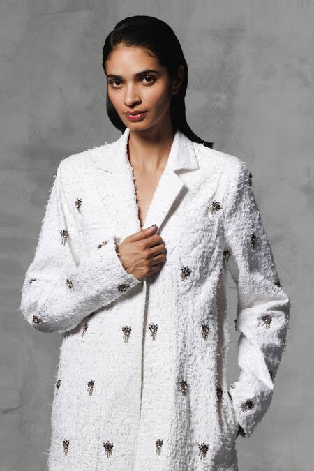 Buy_Mellowdrama_White Cotton Stones Swarovski Embellished Blazer And Pant Set_Online_at_Aza_Fashions