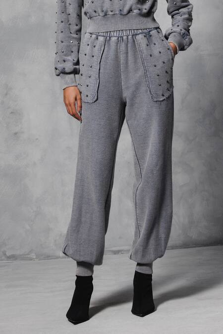 Mellowdrama Gray Cotton Studs Round Neck Embellished Grey Sweatshirt And Track Pant Online at Aza Fashions Mellowdrama_Gray Cotton Studs Round Neck Embellished Grey Sweatshirt And Track Pant_Online_at_Aza_Fashions