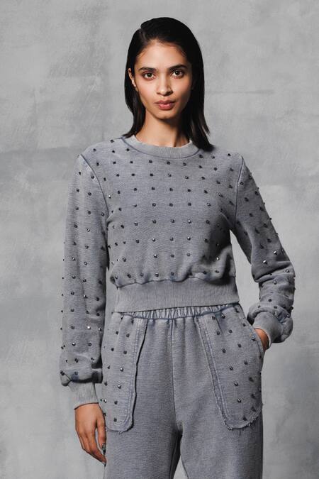 Buy Mellowdrama Gray Cotton Studs Round Neck Embellished Grey Sweatshirt And Track Pant Online at Aza Fashions Buy_Mellowdrama_Gray Cotton Studs Round Neck Embellished Grey Sweatshirt And Track Pant_Online_at_Aza_Fashions