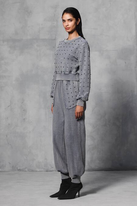 Shop Mellowdrama Gray Cotton Studs Round Neck Embellished Grey Sweatshirt And Track Pant Online at Aza Fashions Shop_Mellowdrama_Gray Cotton Studs Round Neck Embellished Grey Sweatshirt And Track Pant_Online_at_Aza_Fashions