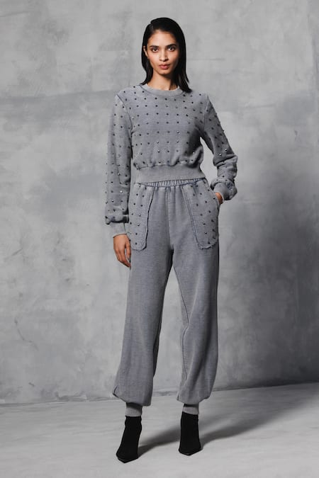 Buy_Mellowdrama_Grey Cotton Studs Overdyed Studded Track Pant_Online_at_Aza_Fashions