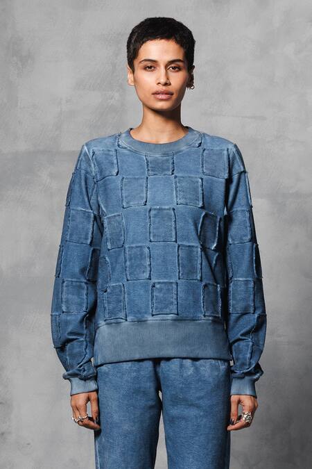 Mellowdrama Blue Cotton Round Neck Square Patch Work Sweatshirt With Pant Online at Aza Fashions Mellowdrama_Blue Cotton Round Neck Square Patch Work Sweatshirt With Pant_Online_at_Aza_Fashions