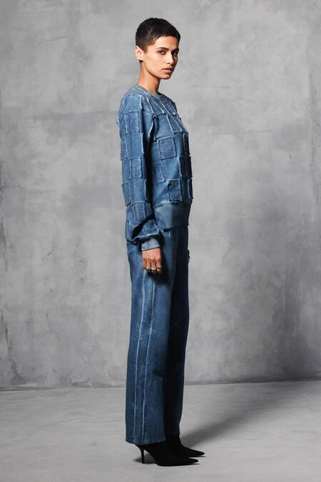 Shop Mellowdrama Blue Cotton Round Neck Square Patch Work Sweatshirt With Pant Online at Aza Fashions Shop_Mellowdrama_Blue Cotton Round Neck Square Patch Work Sweatshirt With Pant_Online_at_Aza_Fashions