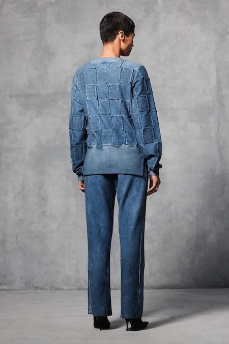Shop_Mellowdrama_Blue 100% Cotton Terry Plain Overdyed Pant _at_Aza_Fashions
