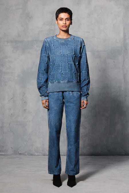 Buy_Mellowdrama_Blue Cotton Patchwork Round Neck Square Work Sweatshirt _Online_at_Aza_Fashions