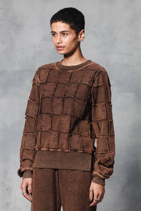 Buy_Mellowdrama_Brown Cotton Patchwork Round Neck Square Work Full Sleeve Sweatshirt With Pant_Online_at_Aza_Fashions
