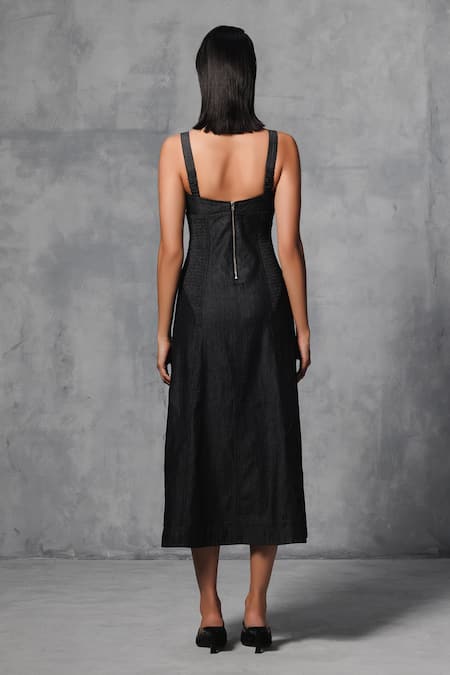 Shop Mellowdrama Black Cotton Sweetheart Neck Denim Dress at Aza Fashions Shop_Mellowdrama_Black Cotton Sweetheart Neck Denim Dress_at_Aza_Fashions