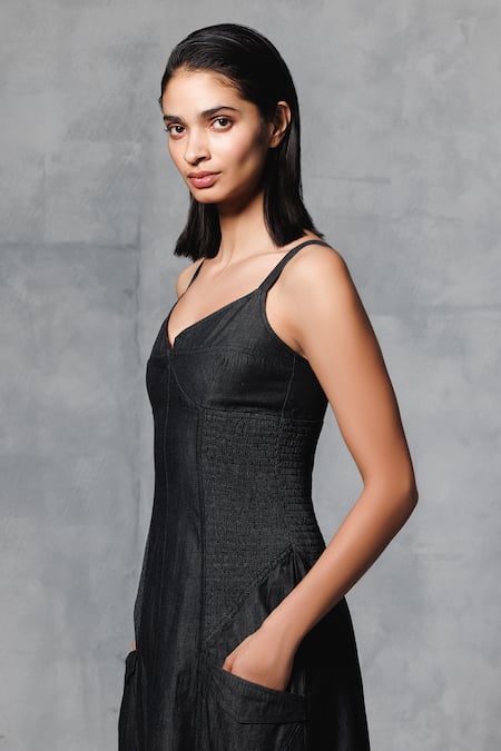 Mellowdrama Black Cotton Sweetheart Neck Denim Dress Online at Aza Fashions Mellowdrama_Black Cotton Sweetheart Neck Denim Dress_Online_at_Aza_Fashions