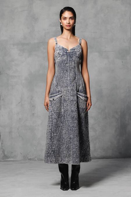 Mellowdrama_Grey Cotton Sweetheart Neck Overdyed Distressed Dress_Online_at_Aza_Fashions