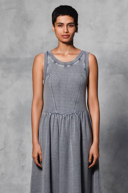 Mellowdrama_Grey Cotton, Terrycloth Round Neck Overdyed Maxi Dress_Online_at_Aza_Fashions