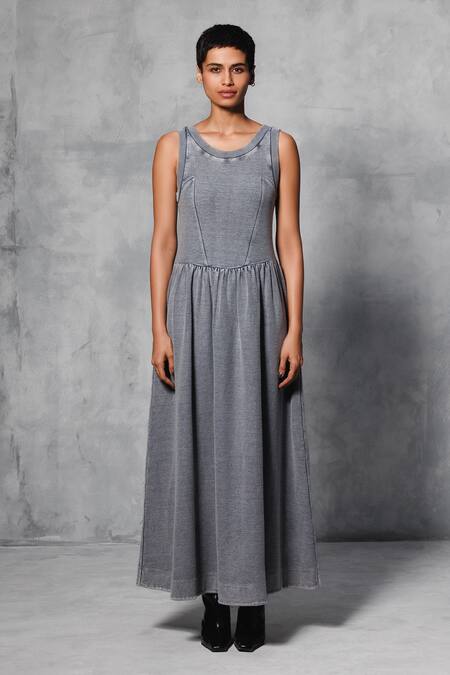 Buy_Mellowdrama_Grey Cotton, Terrycloth Round Neck Overdyed Maxi Dress_Online_at_Aza_Fashions