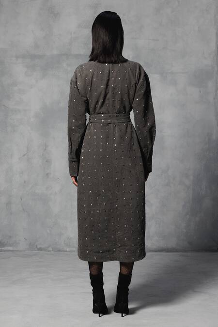 Shop Mellowdrama Black Cotton Studs Collared Embellished Trench Dress With Belt at Aza Fashions Shop_Mellowdrama_Black Cotton Studs Collared Embellished Trench Dress With Belt_at_Aza_Fashions