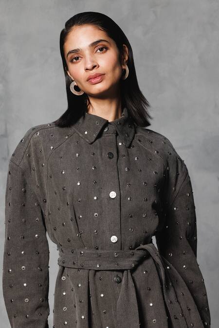 Mellowdrama Black Cotton Studs Collared Embellished Trench Dress With Belt Online at Aza Fashions Mellowdrama_Black Cotton Studs Collared Embellished Trench Dress With Belt_Online_at_Aza_Fashions