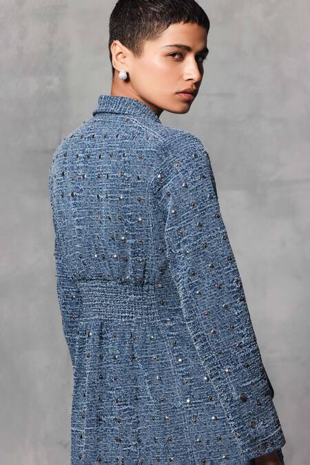 Mellowdrama Blue Cotton, Denim Studs Collared Distressed Trench Dress Online at Aza Fashions Mellowdrama_Blue Cotton, Denim Studs Collared Distressed Trench Dress_Online_at_Aza_Fashions