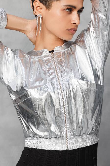 Mellowdrama_Silver Cotton Round Neck Foil Effect Bomber Jacket_Online_at_Aza_Fashions