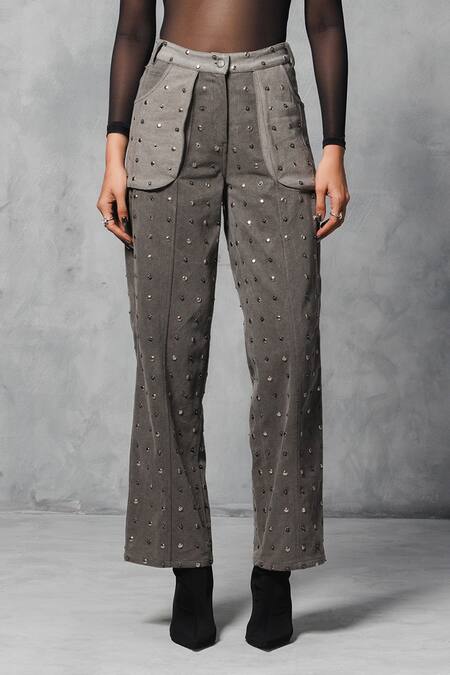 Mellowdrama_Black 100% Cotton Denim Embellished Studs Pant _Online_at_Aza_Fashions