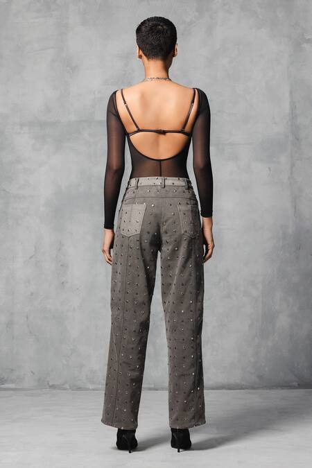 Shop_Mellowdrama_Black 100% Cotton Denim Embellished Studs Pant _at_Aza_Fashions