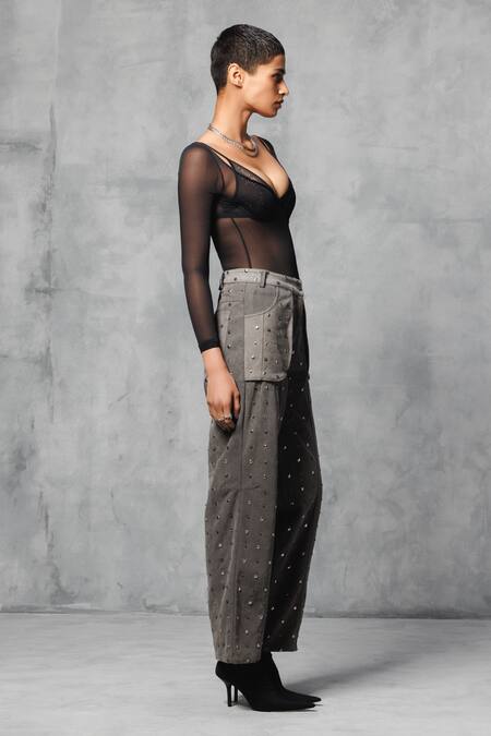 Buy_Mellowdrama_Black 100% Cotton Denim Embellished Studs Pant _Online_at_Aza_Fashions