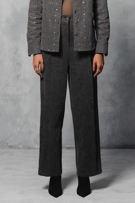 Mellowdrama_Black Cotton, Denim High Waisted Pant_Online_at_Aza_Fashions